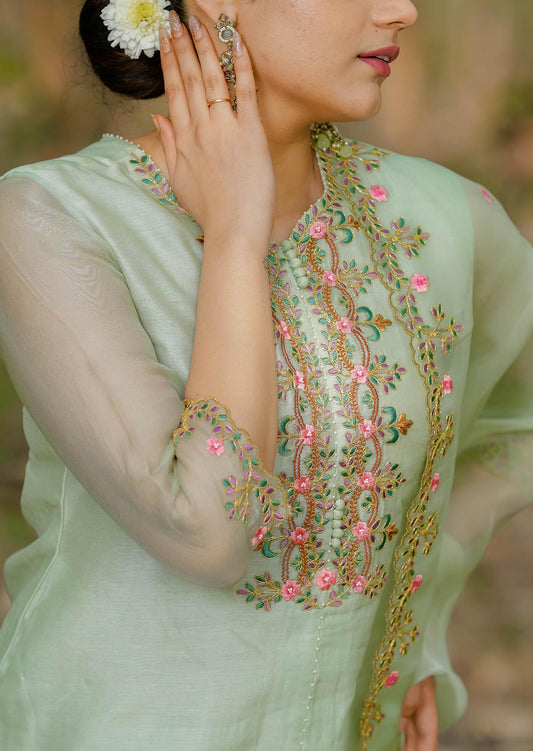 Women’s wear embroidered chanderi kurta set in pastel pista green