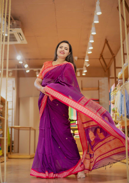 Saree - light weight mul cotton purple saree with woven red borders