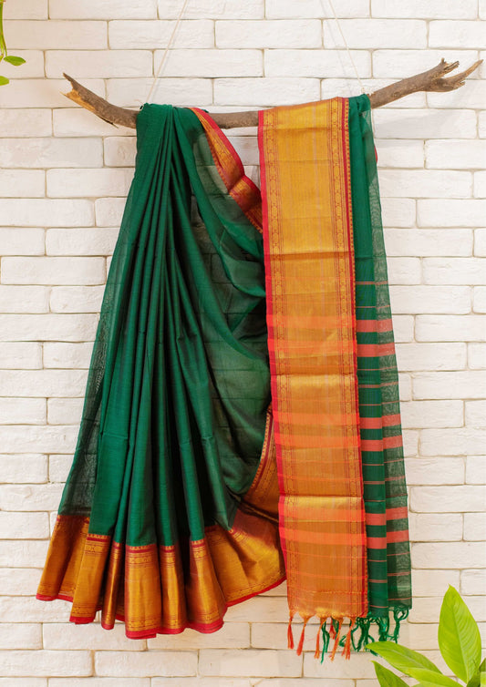 Saree - Narayanpet Green Cotton Saree with Golden Zari Border