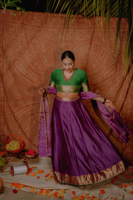 Women’s wear Traditional chanderi lehenga set in green and purple