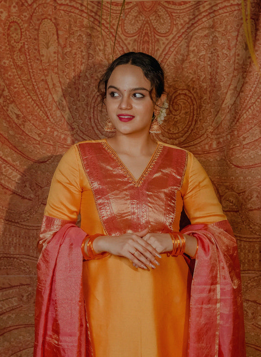 Women’s wear yellow chanderi kurta set with embroidery and zari