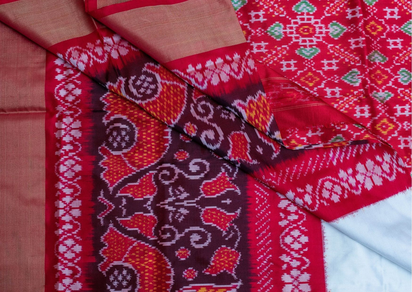 Ikat Silk Saree in White and Red with Zari