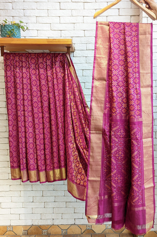 Handloom pure silk ikat telia motif saree in pink and orange