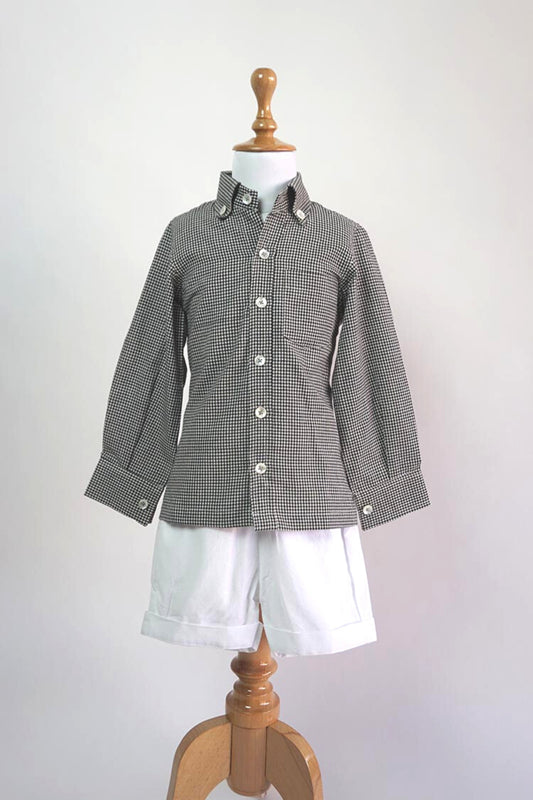 BLACK AND WHITE CHECKS HANDLOOM SHIRT WITH WHITE SHORTS