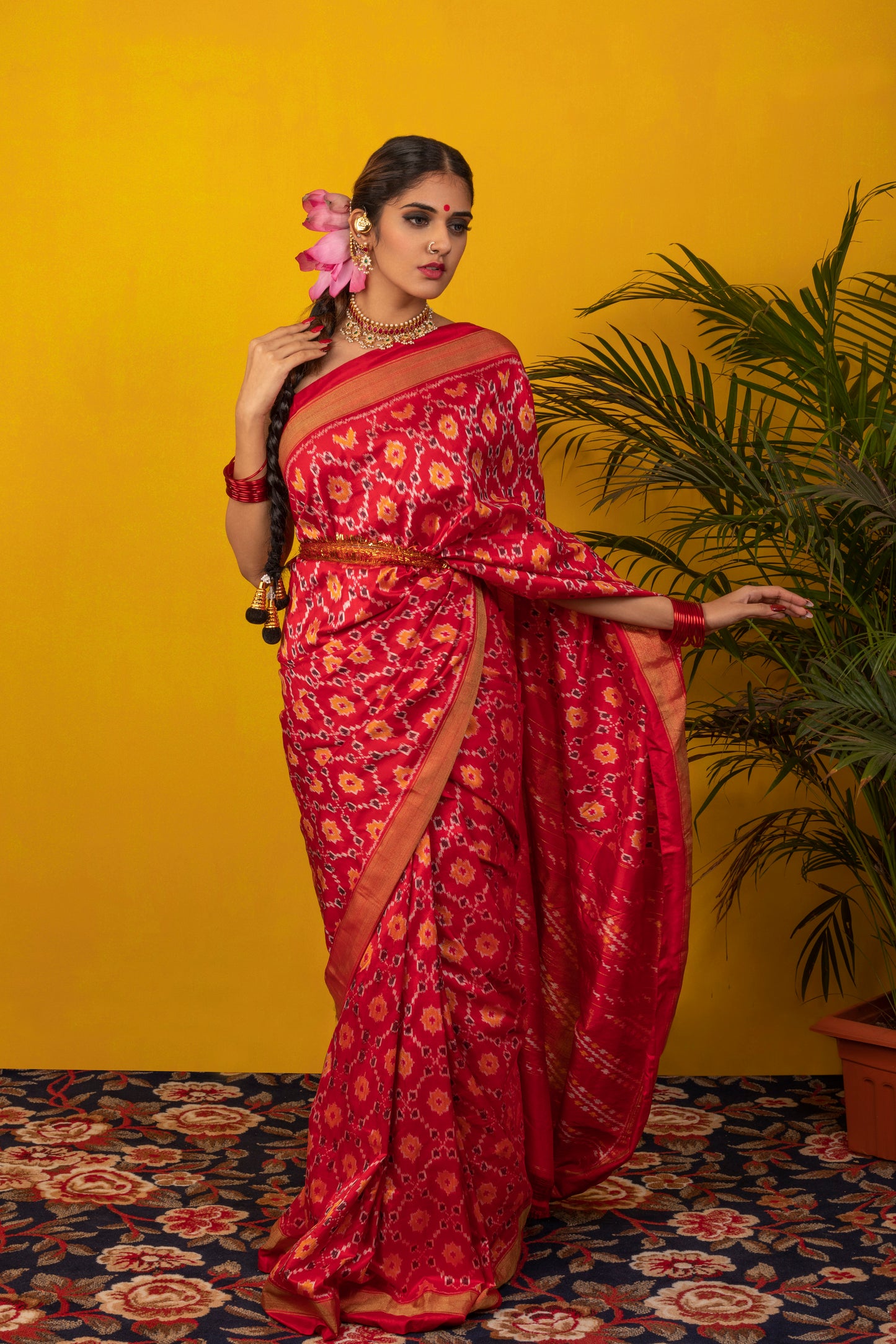 Red Ikat Handwoven Silk Saree