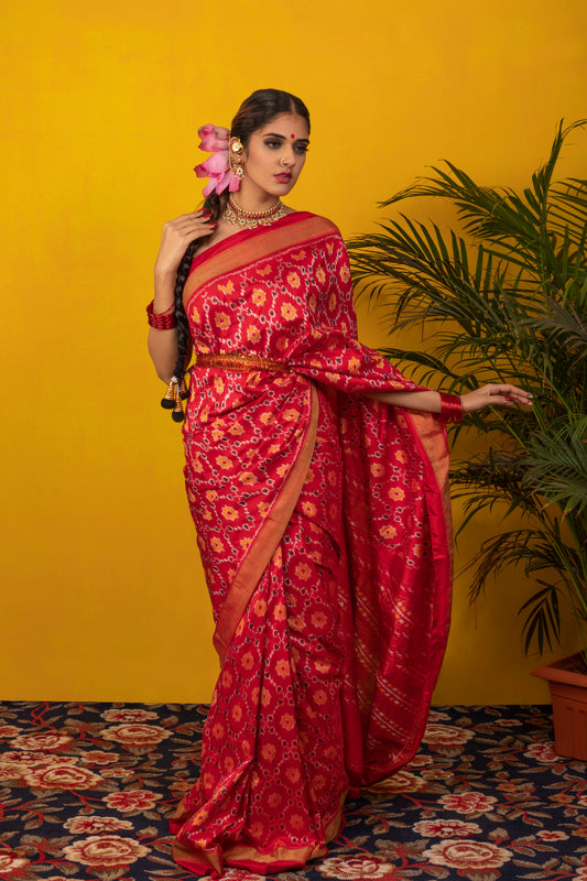 Red Ikat Handwoven Silk Saree
