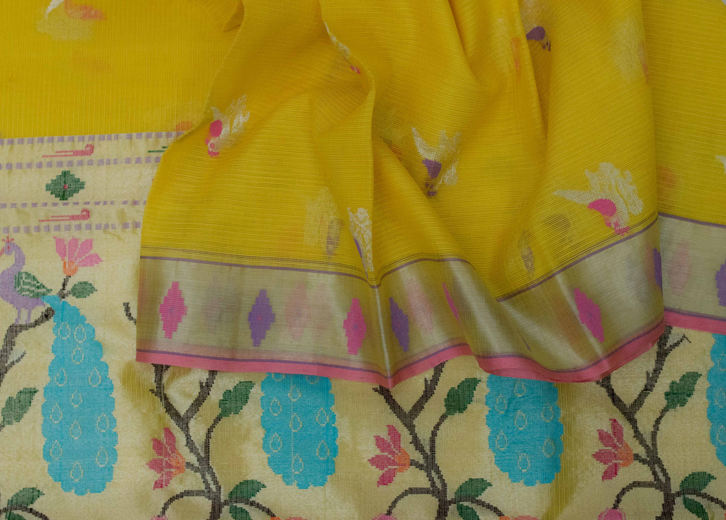 Yellow Handloom Pure Zari Tissue Kota Saree