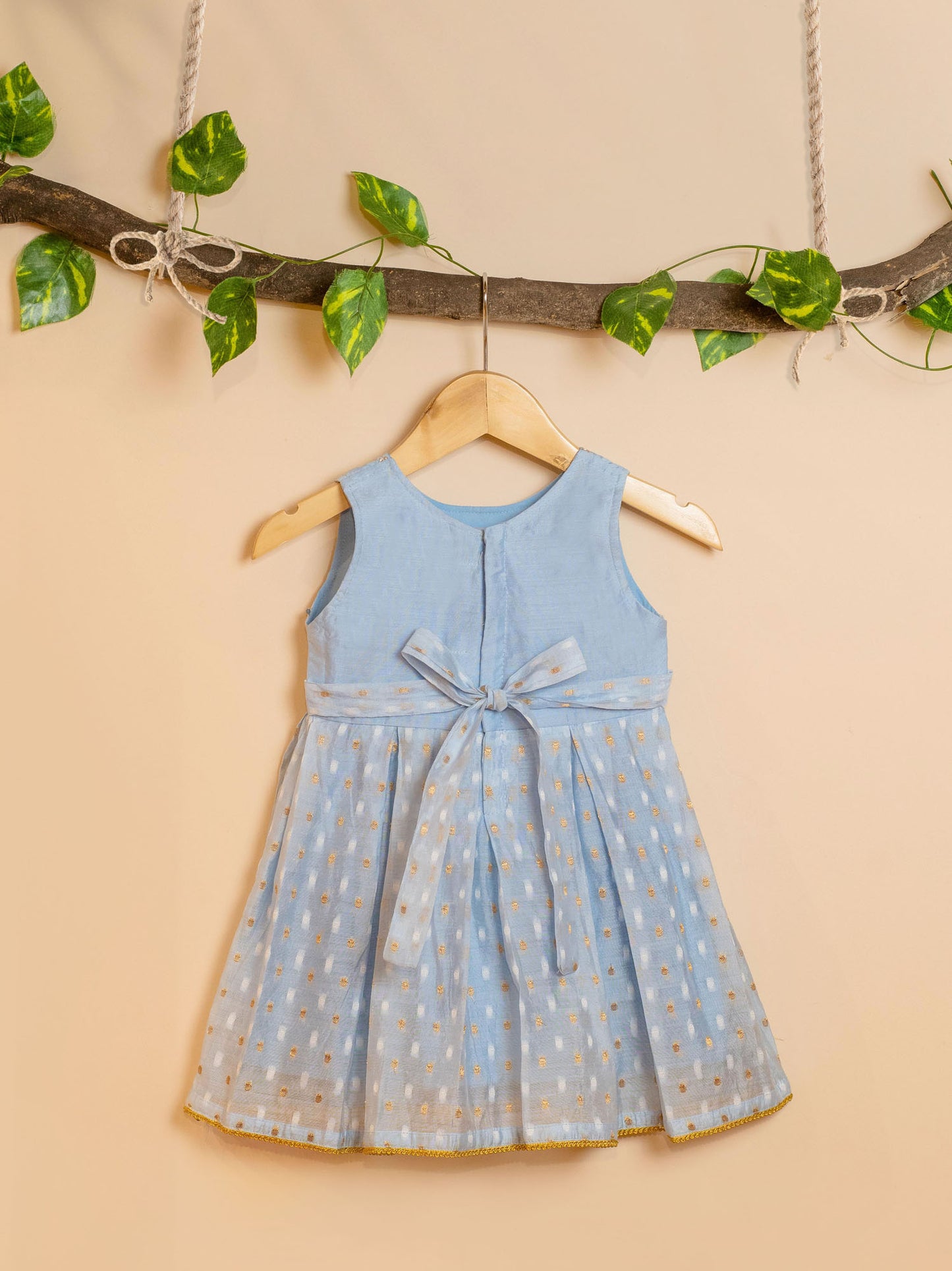 Sky Blue Chanderi Frock with Mirror Embroidery for kids