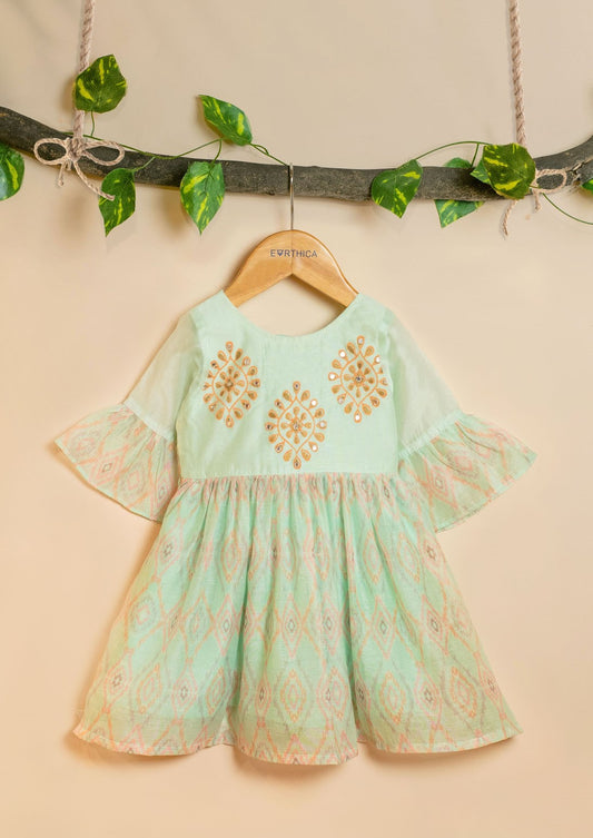 Pastel Green Ikat printed Chanderi frock for kids