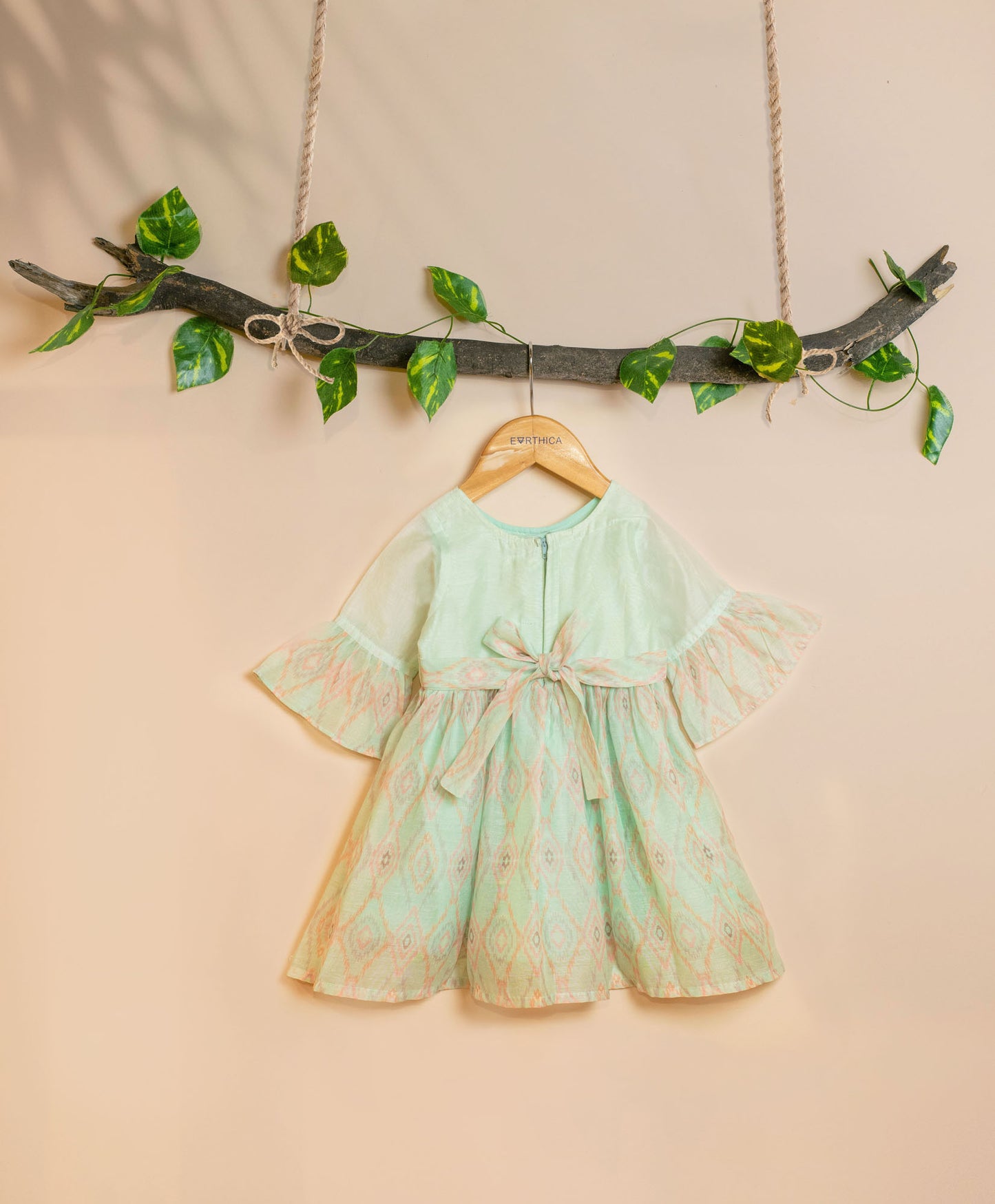 Pastel Green Ikat printed Chanderi frock for kids