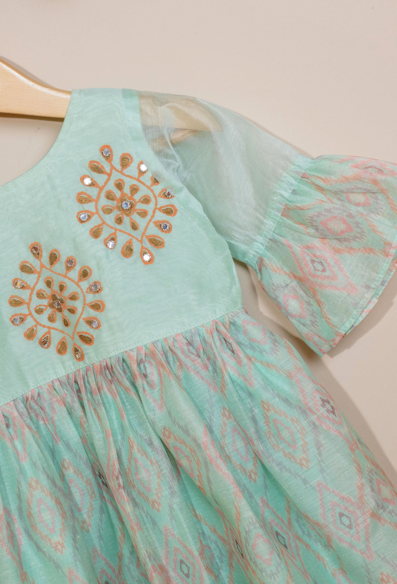 Pastel Green Ikat printed Chanderi frock for kids