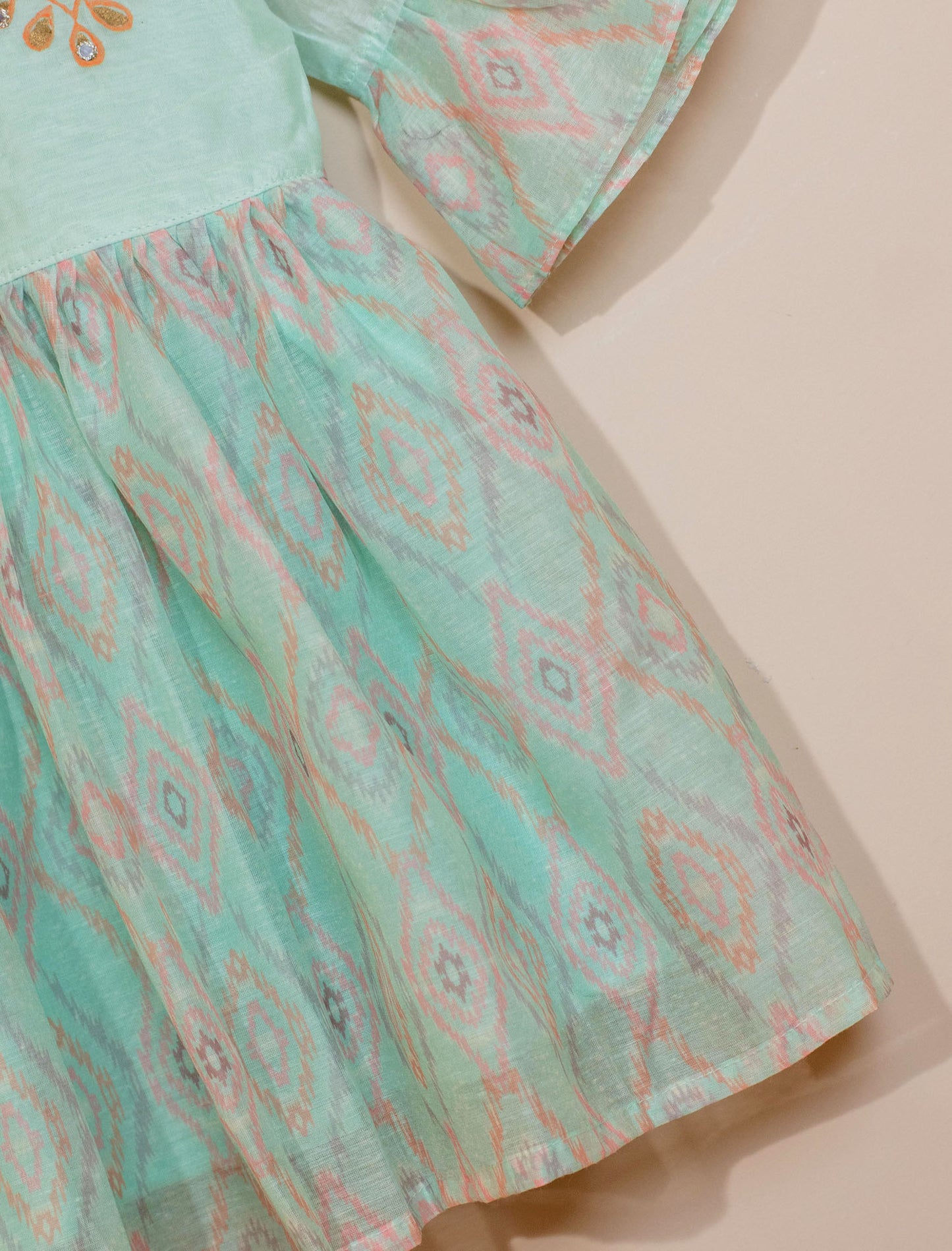 Pastel Green Ikat printed Chanderi frock for kids