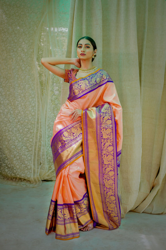 Peach & Purple Pure Silk Handloom Gadwal Saree with Kanchi Border & Butti Weaving