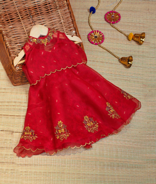 Hand Embroidered Brocade & Organza Party Wear Frock for kids