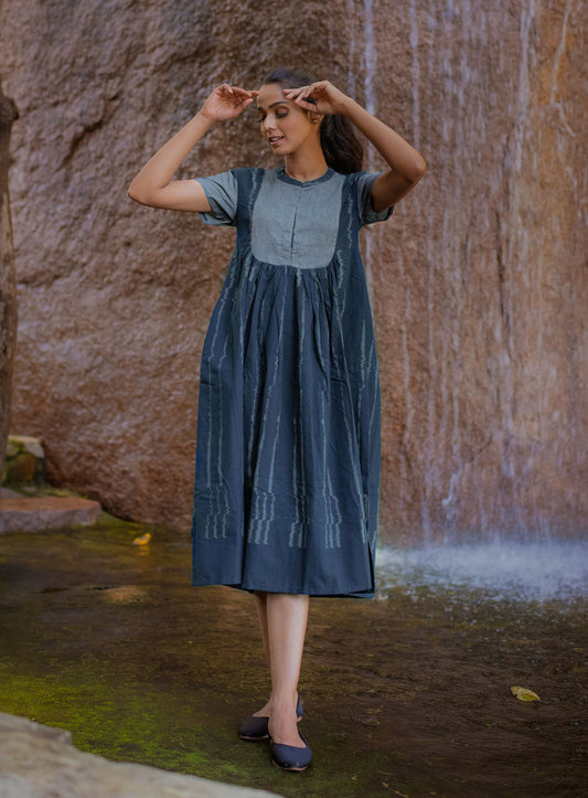 Navy Blue Handwoven Stripes Ikat Dress