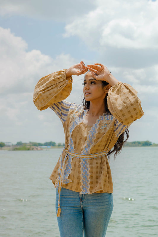 Cotton Checkered Overlay Jacket with Lace Detail & Inner