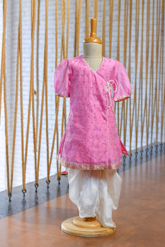 Kids girls - Hand embroidered pink kurta with white bottom