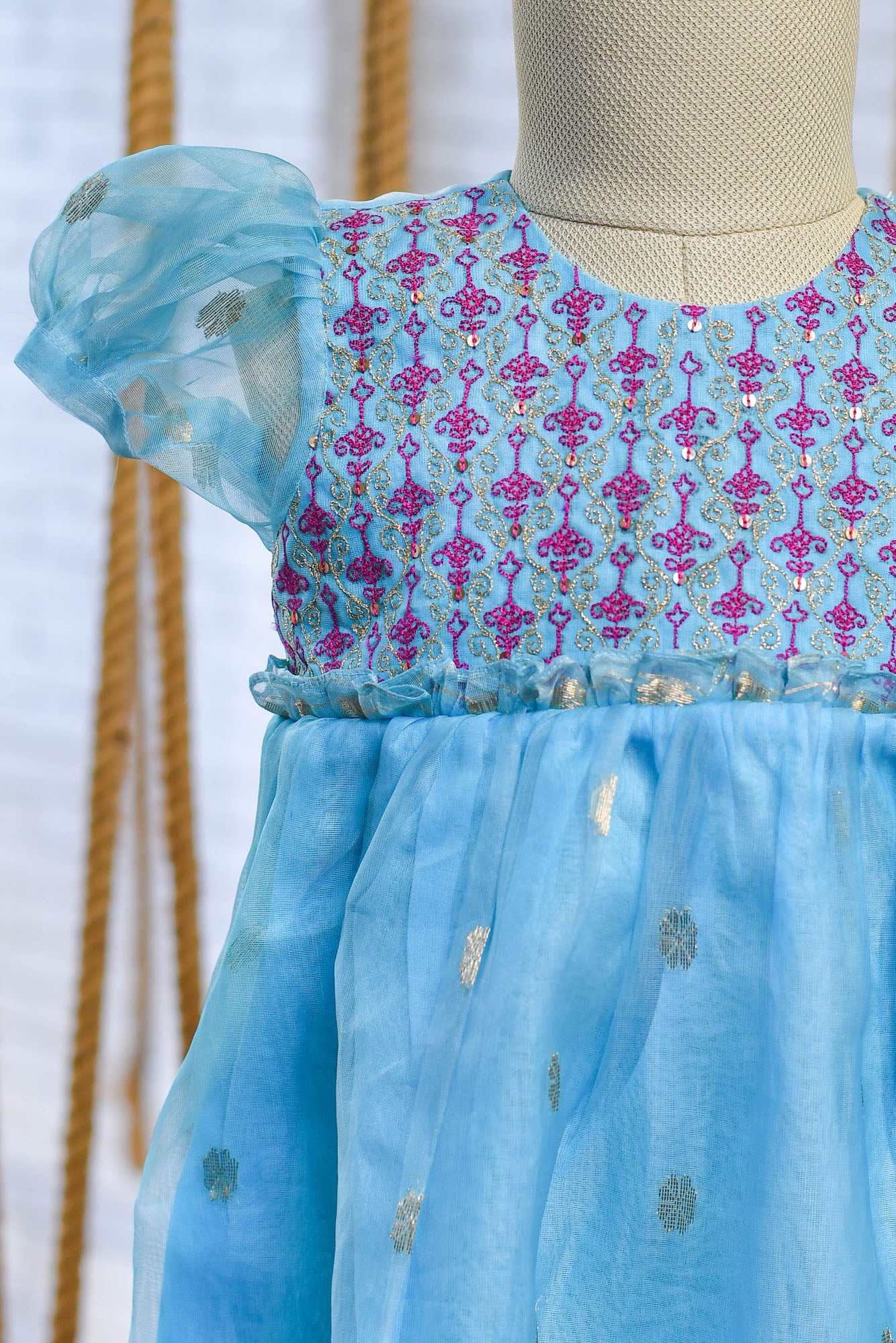 Hand Embroidered Chanderi Frock in Sky Blue for kids