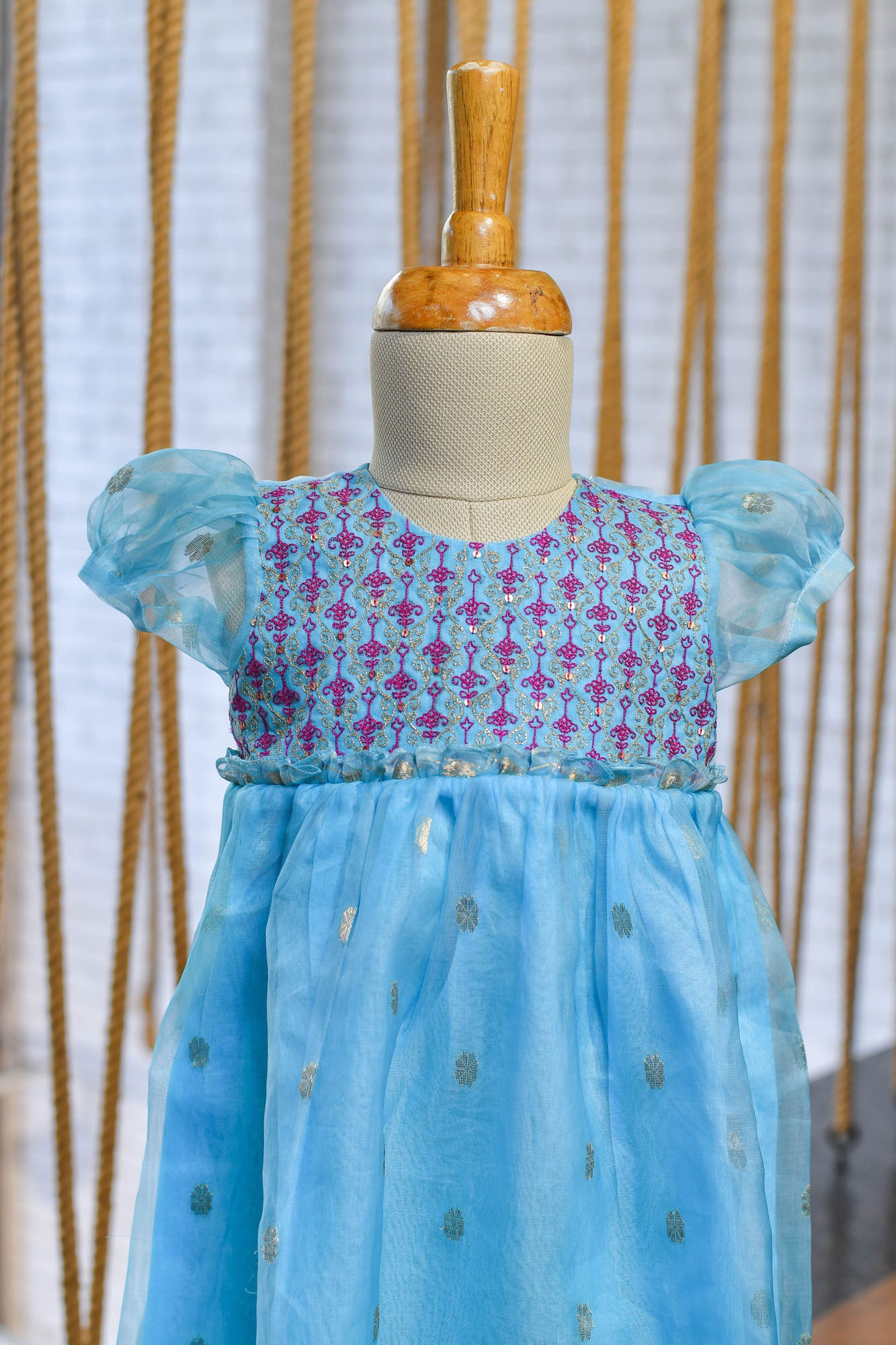 Hand Embroidered Chanderi Frock in Sky Blue for kids