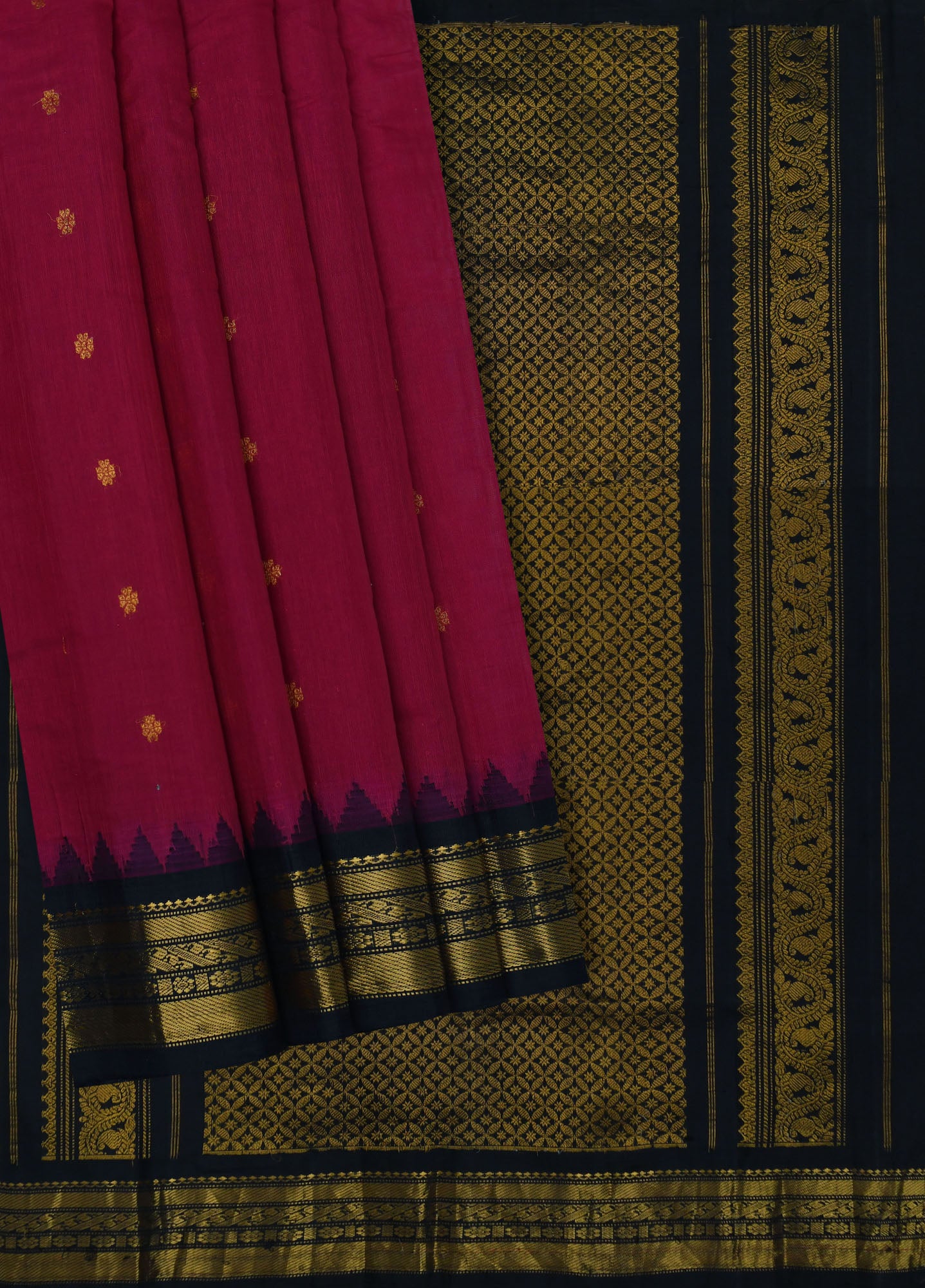 Hand Woven Gadwal Reddish Pink and Black Saree