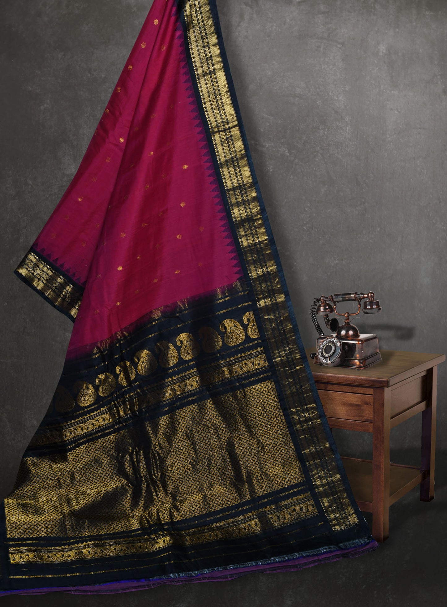 Hand Woven Gadwal Reddish Pink and Black Saree