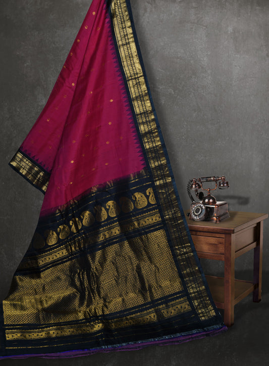 Hand Woven Gadwal Reddish Pink and Black Saree
