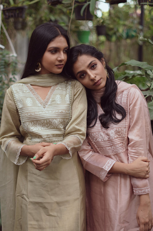 Handwoven Chanderi Kurta with Organza Yoke and Modal Bottom