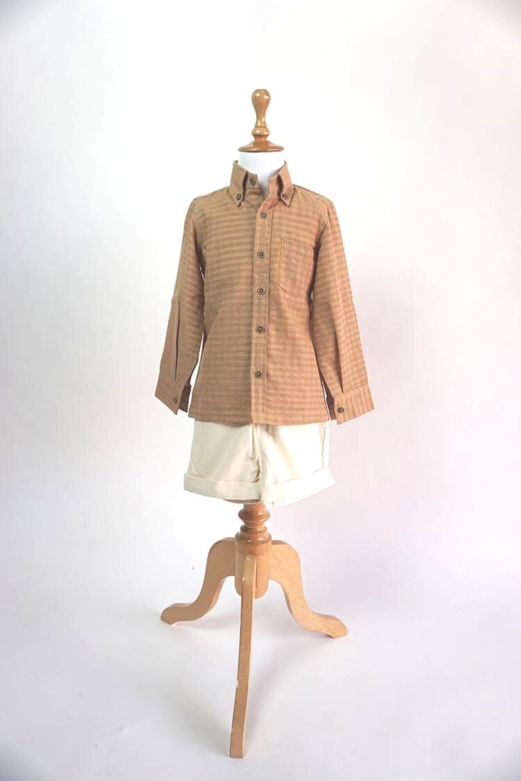 Handwoven Beige Khadi Boy's Shirt with Half White Ikat Shorts