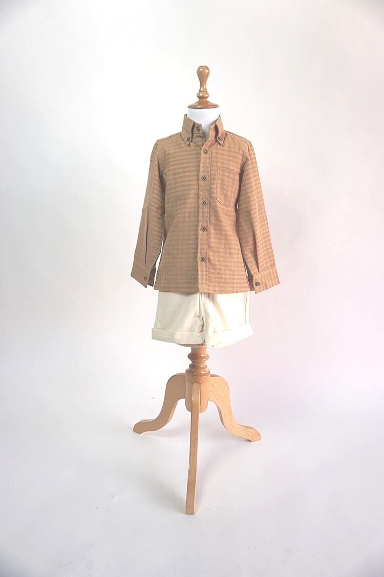 Handwoven Beige Khadi Boy's Shirt with Half White Ikat Shorts