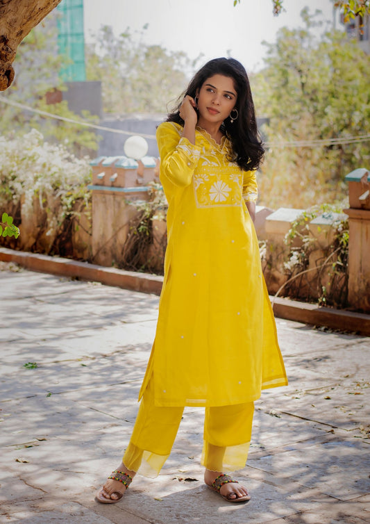 Hand Embroidered Kanta Yoke Kurta with Bottom on Yellow