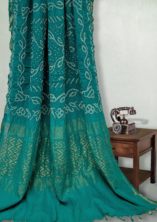Pure Cotton Aqua Green Bandhani Saree