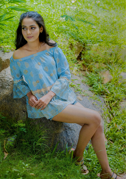 Light Blue Embellished Cotton Off Shoulder Top with Embellishments