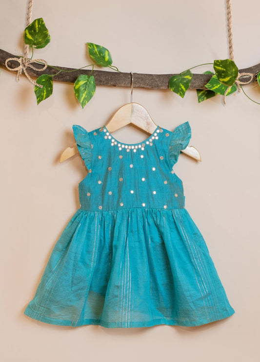 Kids girls - embroidered chanderi dress in greenish blue