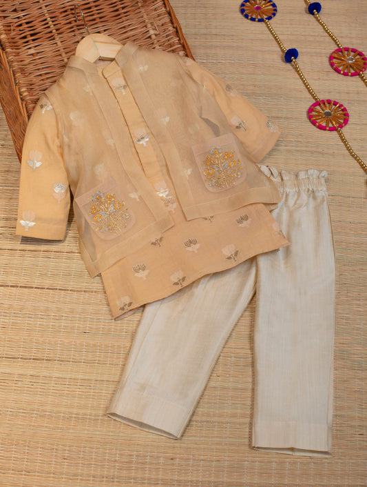 Kids boys - Beige Kurta bottom with Organza Jacket
