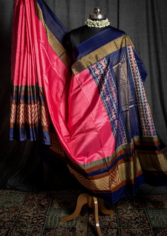 Ikat Silk Saree in Pink and Navy Blue