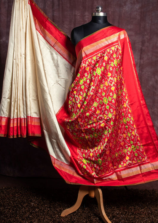 Twill Weave Ikat Silk Saree in White and Red