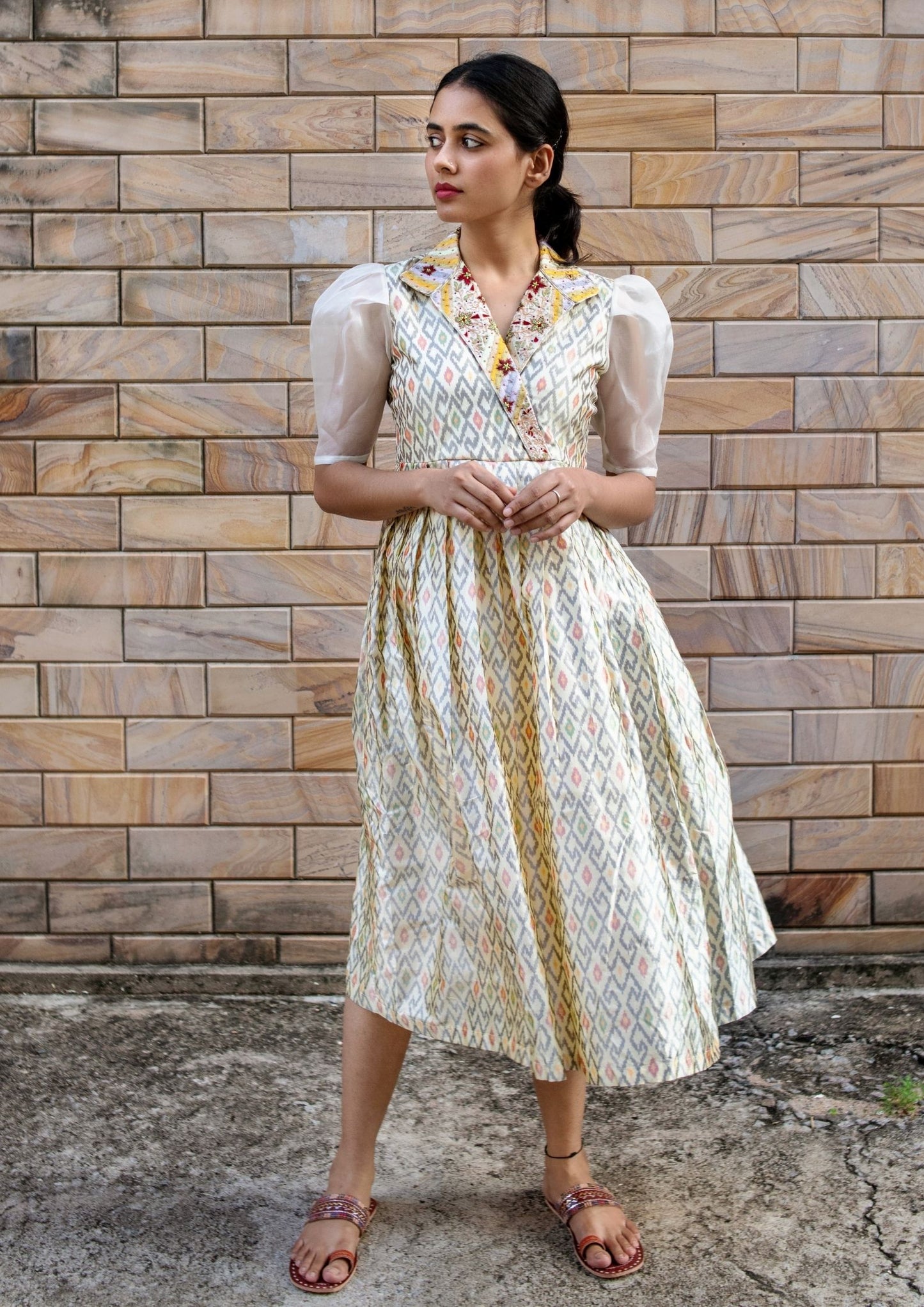 Off White Handloom Ikat Silk Hand Embroidered Dress