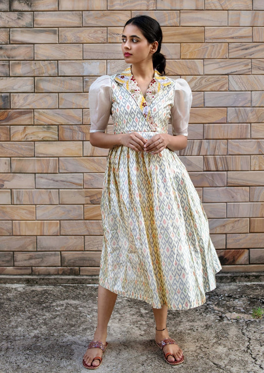 Off White Handloom Ikat Silk Hand Embroidered Dress