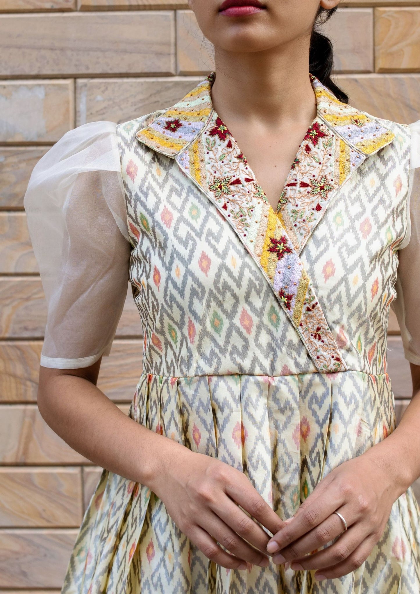 Off White Handloom Ikat Silk Hand Embroidered Dress