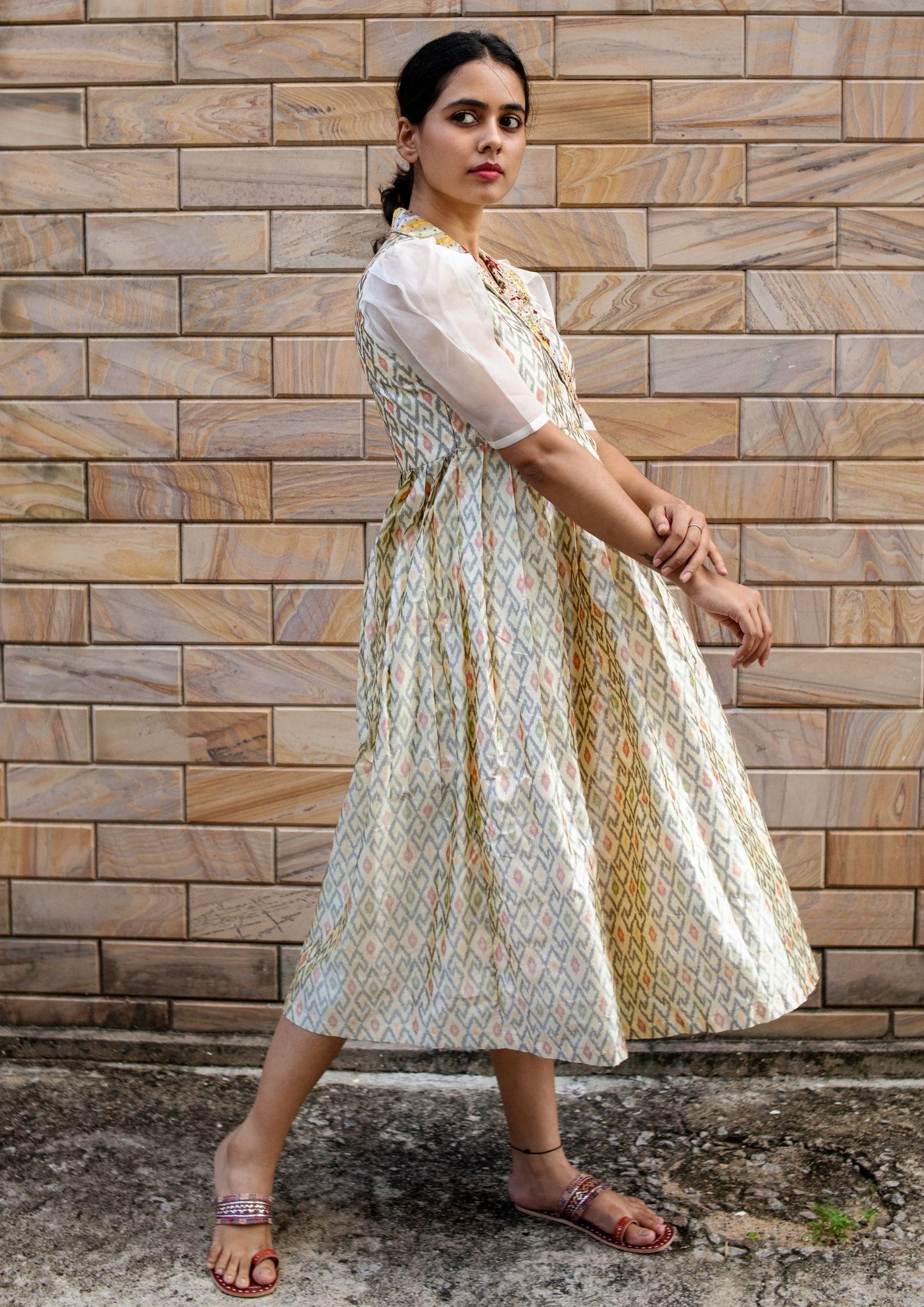Off White Handloom Ikat Silk Hand Embroidered Dress