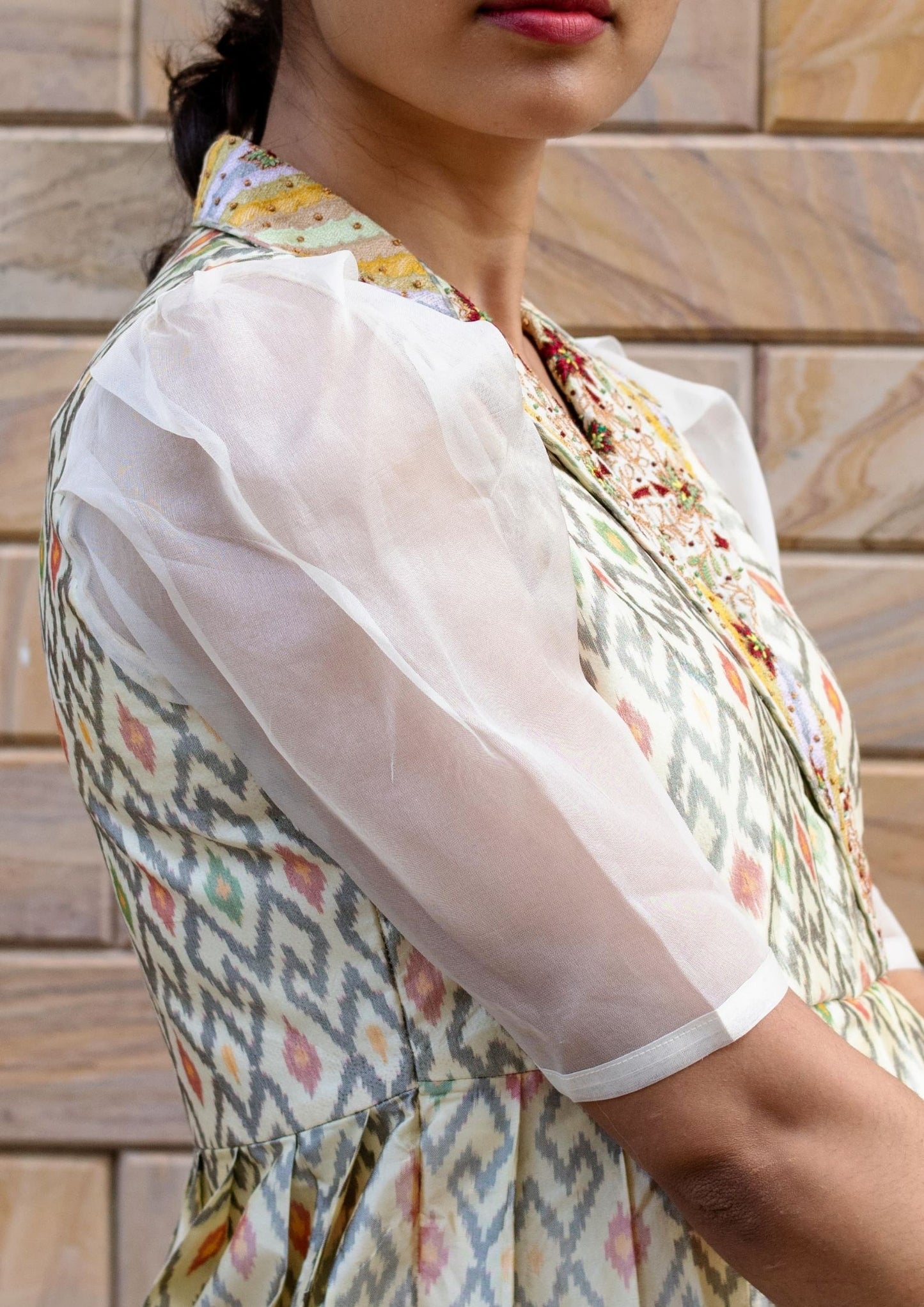 Off White Handloom Ikat Silk Hand Embroidered Dress