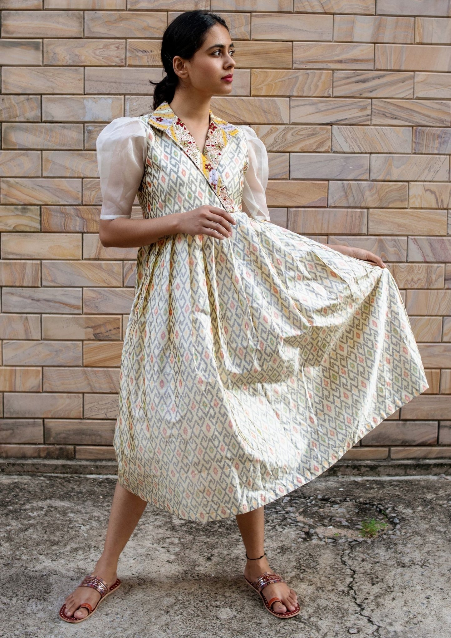 Off White Handloom Ikat Silk Hand Embroidered Dress