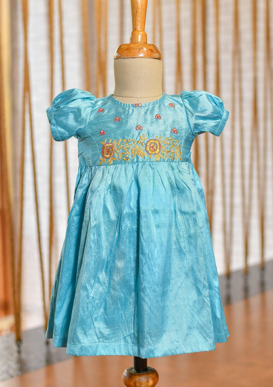Kids girls - sky blue hand embroidered raw silk frock
