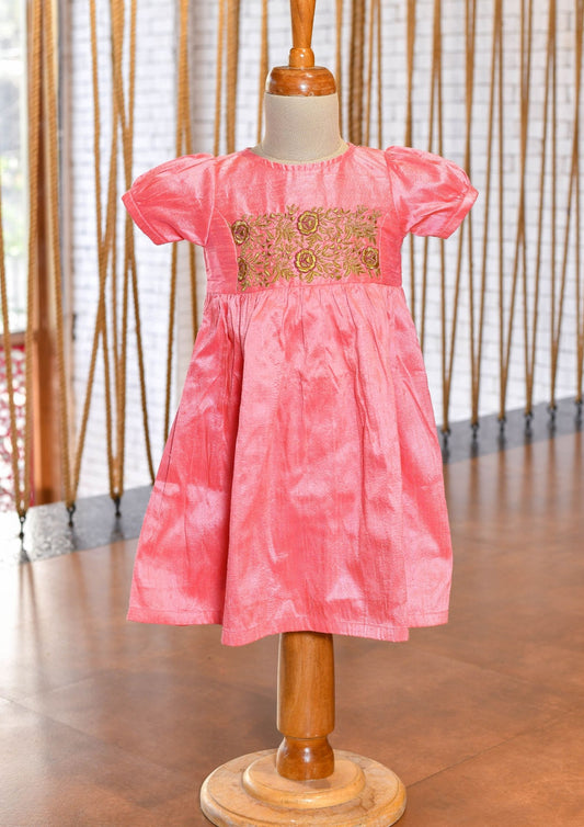 Kids girls - light pink hand embroidered raw silk frock
