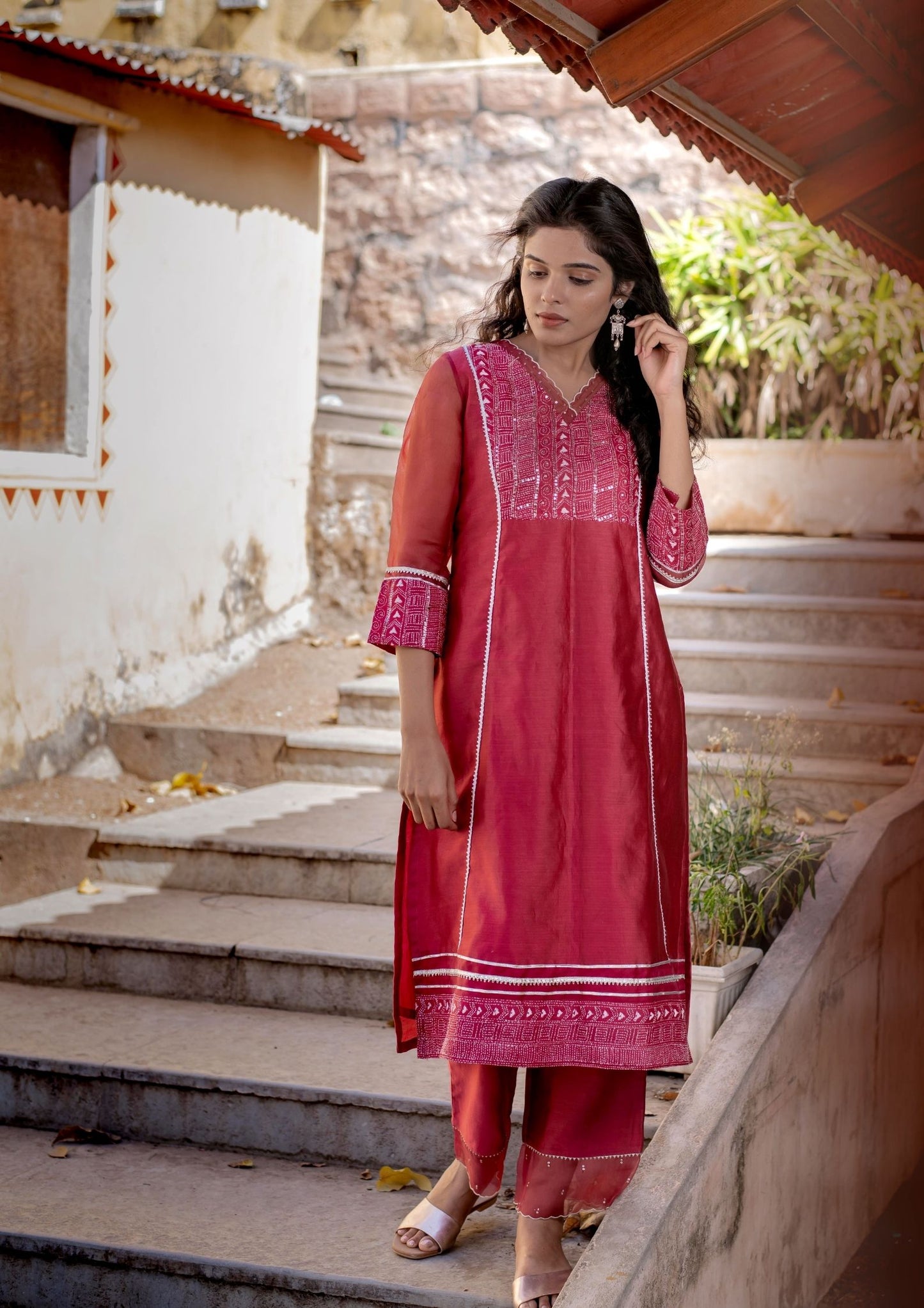 Handwoven Chanderi Kurta with Bottom in Burgundy