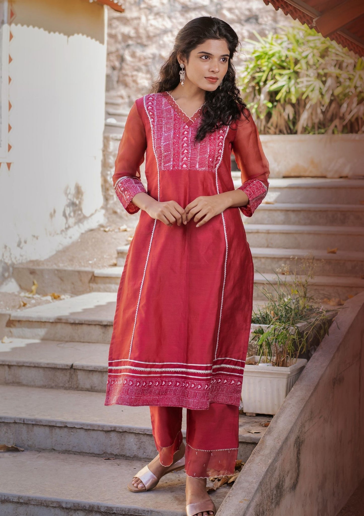 Handwoven Chanderi Kurta with Bottom in Burgundy