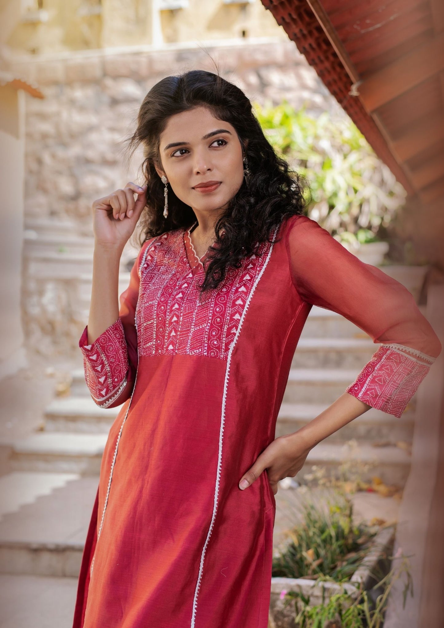 Handwoven Chanderi Kurta with Bottom in Burgundy